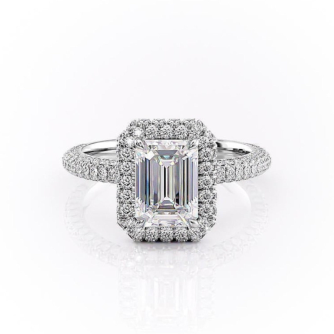 1.91 CT Emerald Cut Halo Triple Pave Setting Moissanite Engagement Ring 10