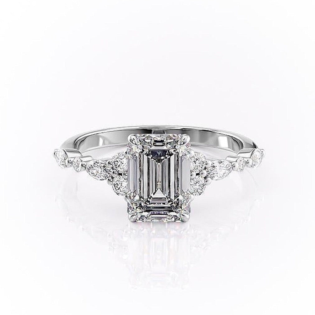 2.10 CT Emerald Cut Cluster Moissanite Engagement Ring 10