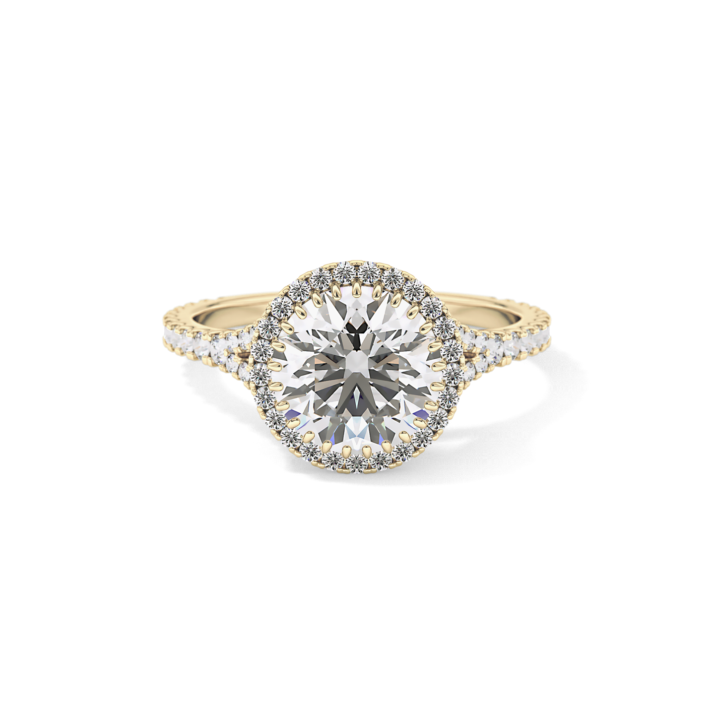 Round Halo & Pave Split Shank Lab Grown Diamond Engagement Ring