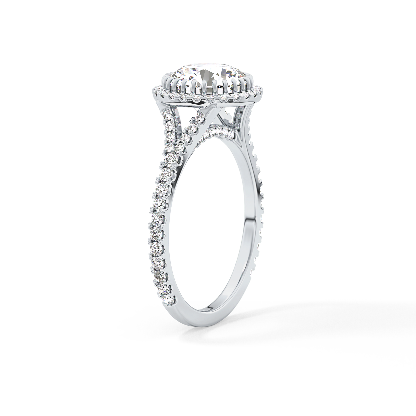 Round Halo & Pave Split Shank Lab Grown Diamond Engagement Ring
