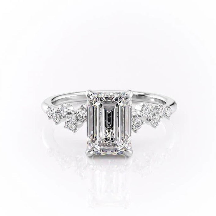 2.10 CT Emerald Cut Cluster Moissanite Engagement Ring 10