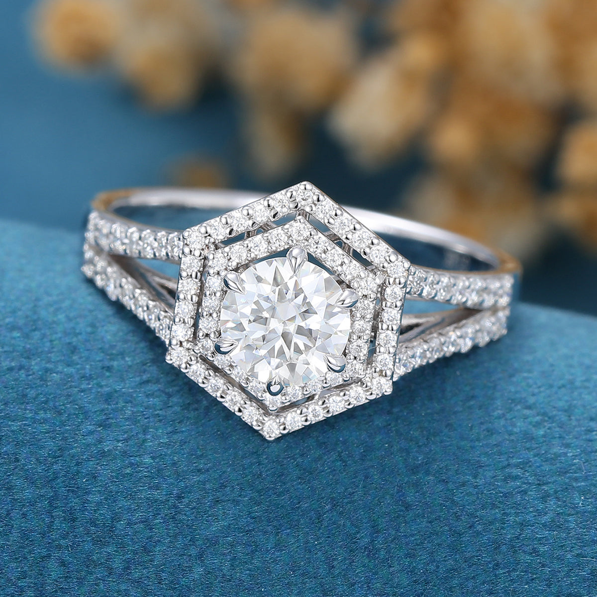 Round Double Halo Pave & Spilt Shank Lab Grown Diamond Engagement Ring