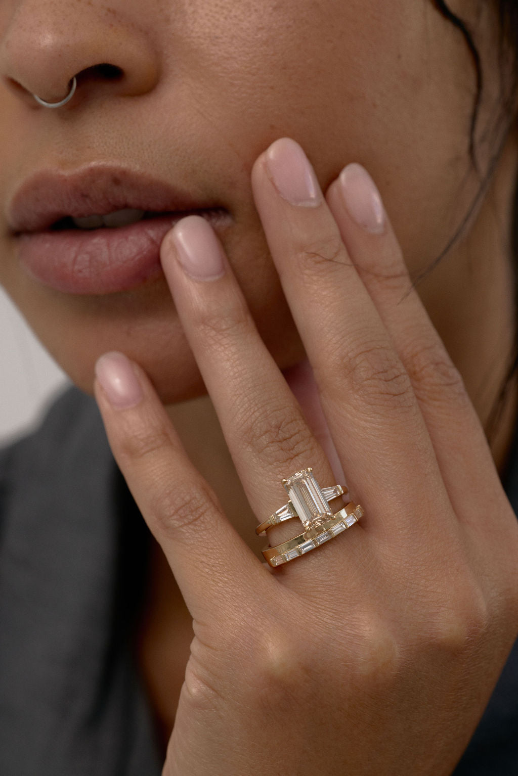 3.97 CT Emerald Three Stone Lab Grown Diamond Engagement Ring