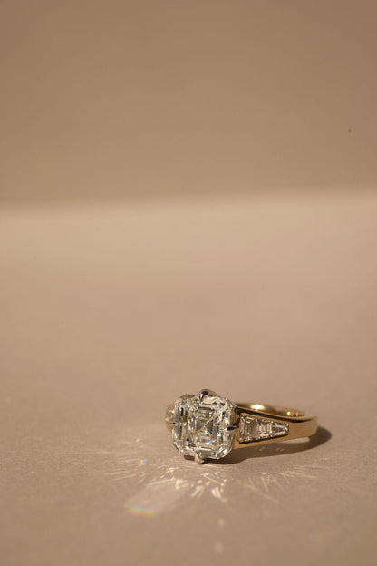 3.10 CT Asscher Pavé Lab Grown Diamond Engagement Ring with Trapezoid Diamond Accents