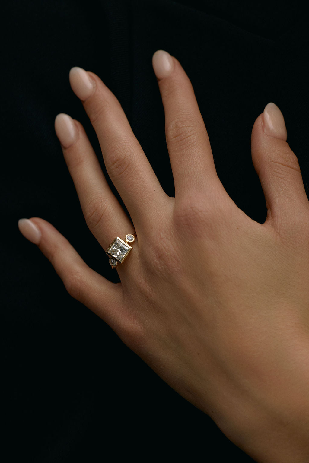 2.12 CT Princess Three Stone Lab Grown Diamond Engagement Ring with Round Diamond Accents