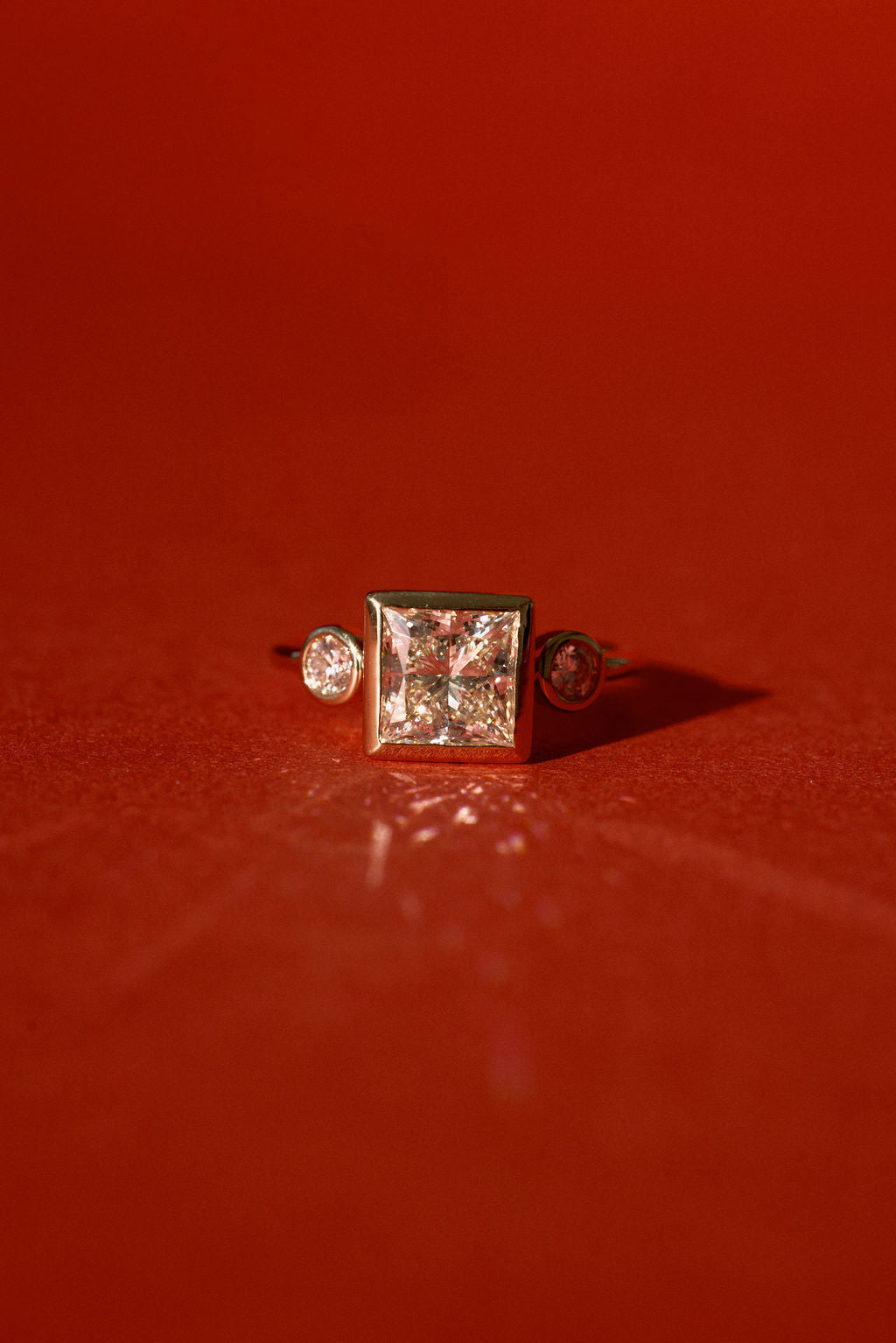 2.12 CT Princess Three Stone Lab Grown Diamond Engagement Ring with Round Diamond Accents