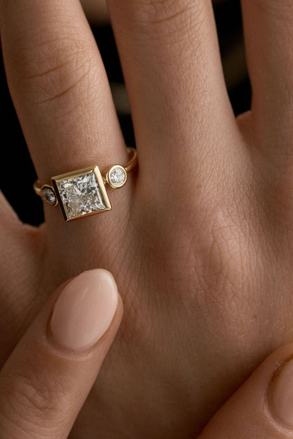 2.12 CT Princess Three Stone Lab Grown Diamond Engagement Ring with Round Diamond Accents