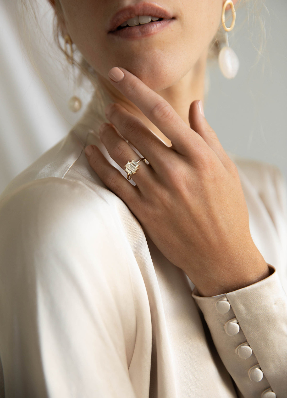1.87 CT Emerald Three Stone Lab Grown Diamond Engagement Ring with Emerald Cut Side Stones