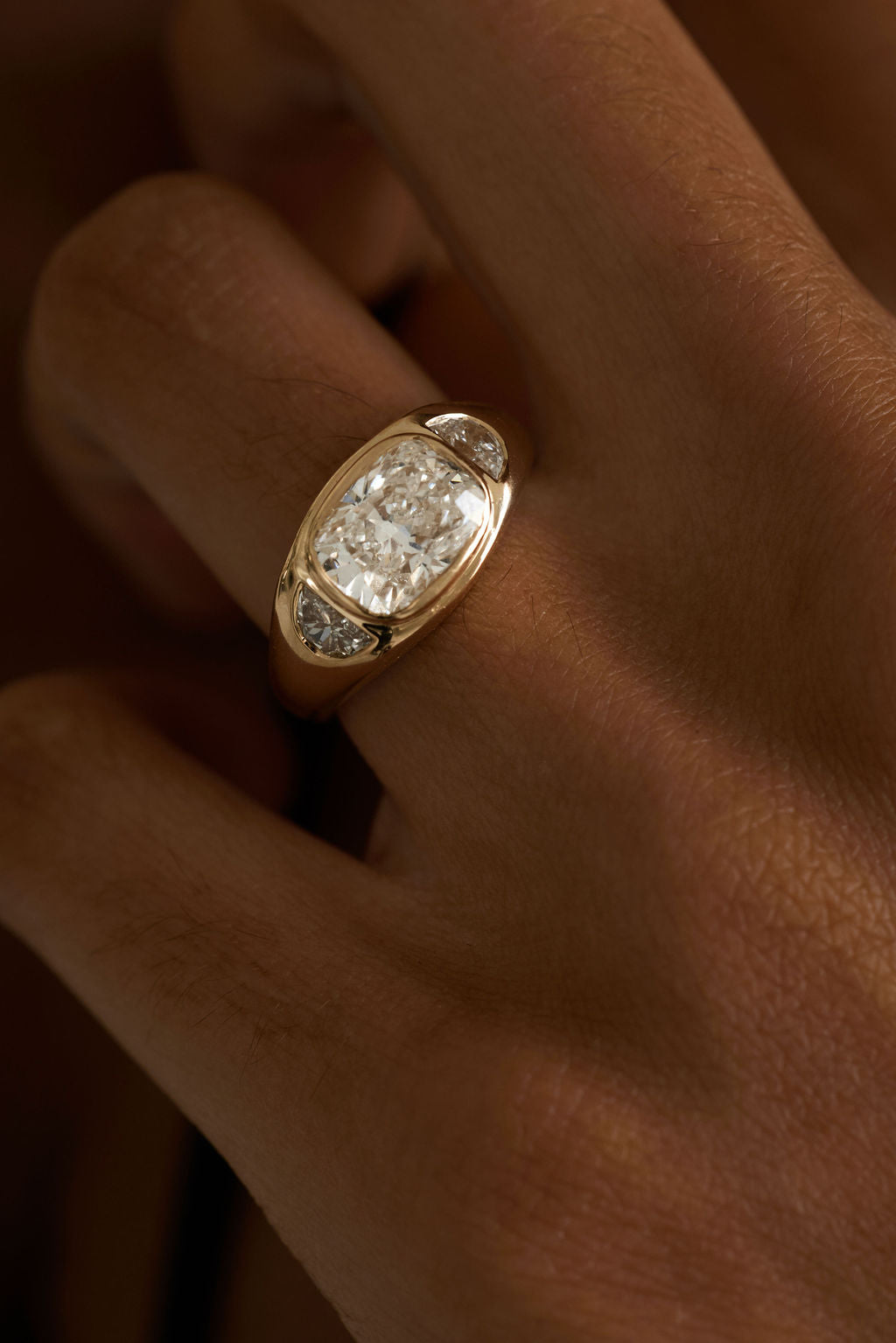 3.82 CT Cushion Signet Three Stone Lab Grown Diamond Engagement Ring