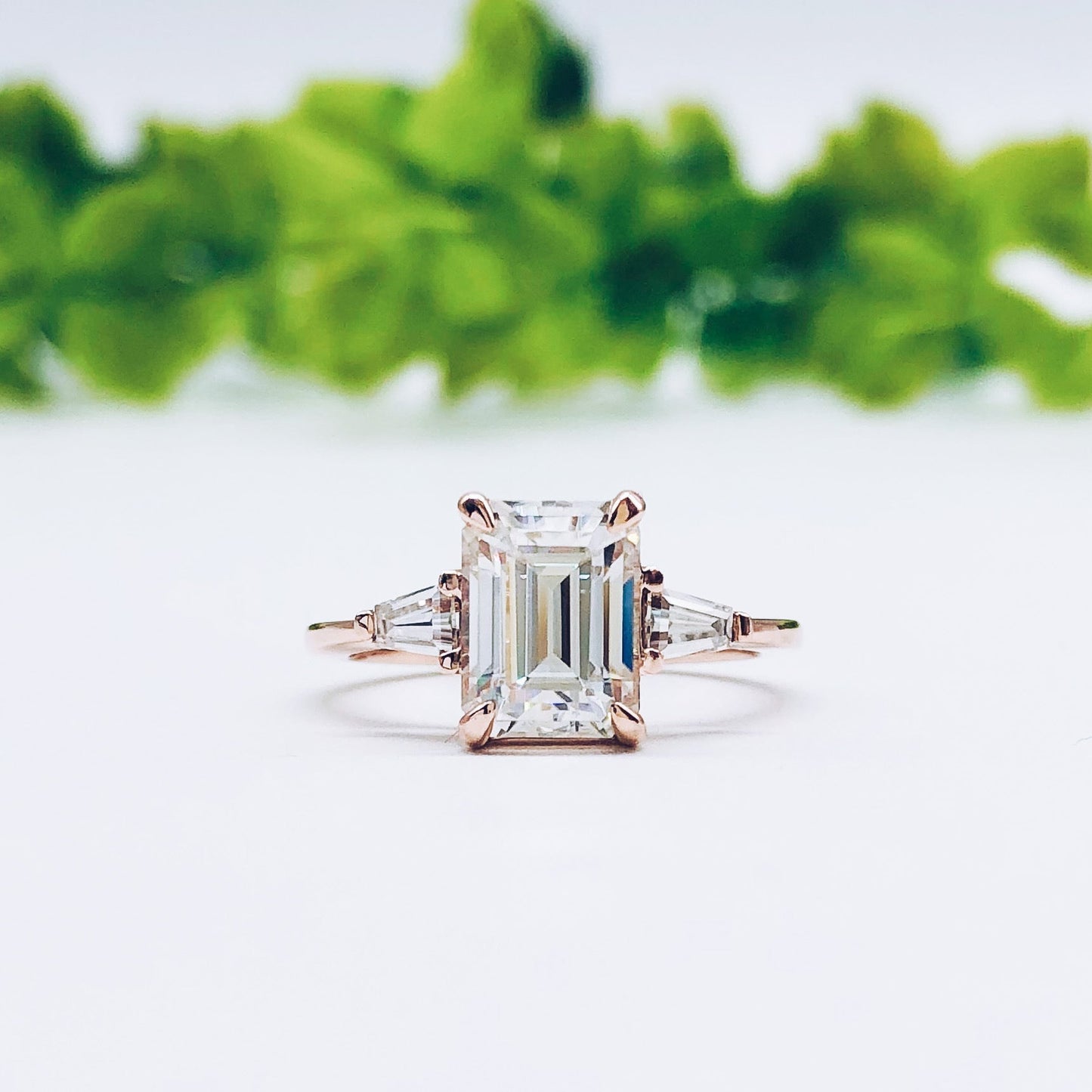 1.9 CT Emerald Cut Three Stone Moissanite Engagement Ring 6