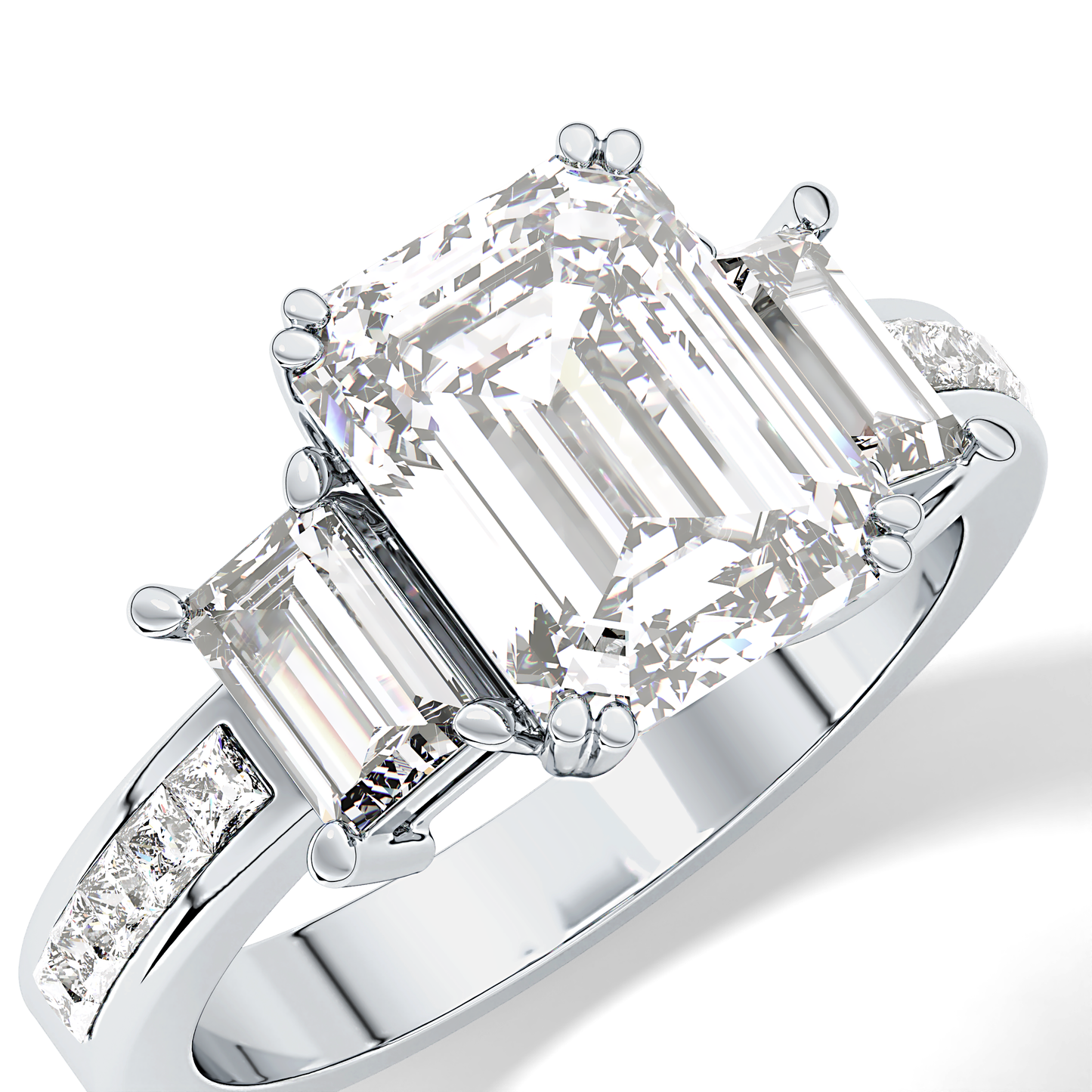 Emerald Three Stone & Pave Lab Grown Diamond Engagement Ring