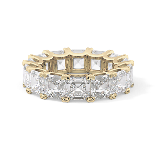 Full Eternity Wedding Band with 10.21 TCW Emerald and Square Cut Moissanite – Yellow, White, or Rose Gold