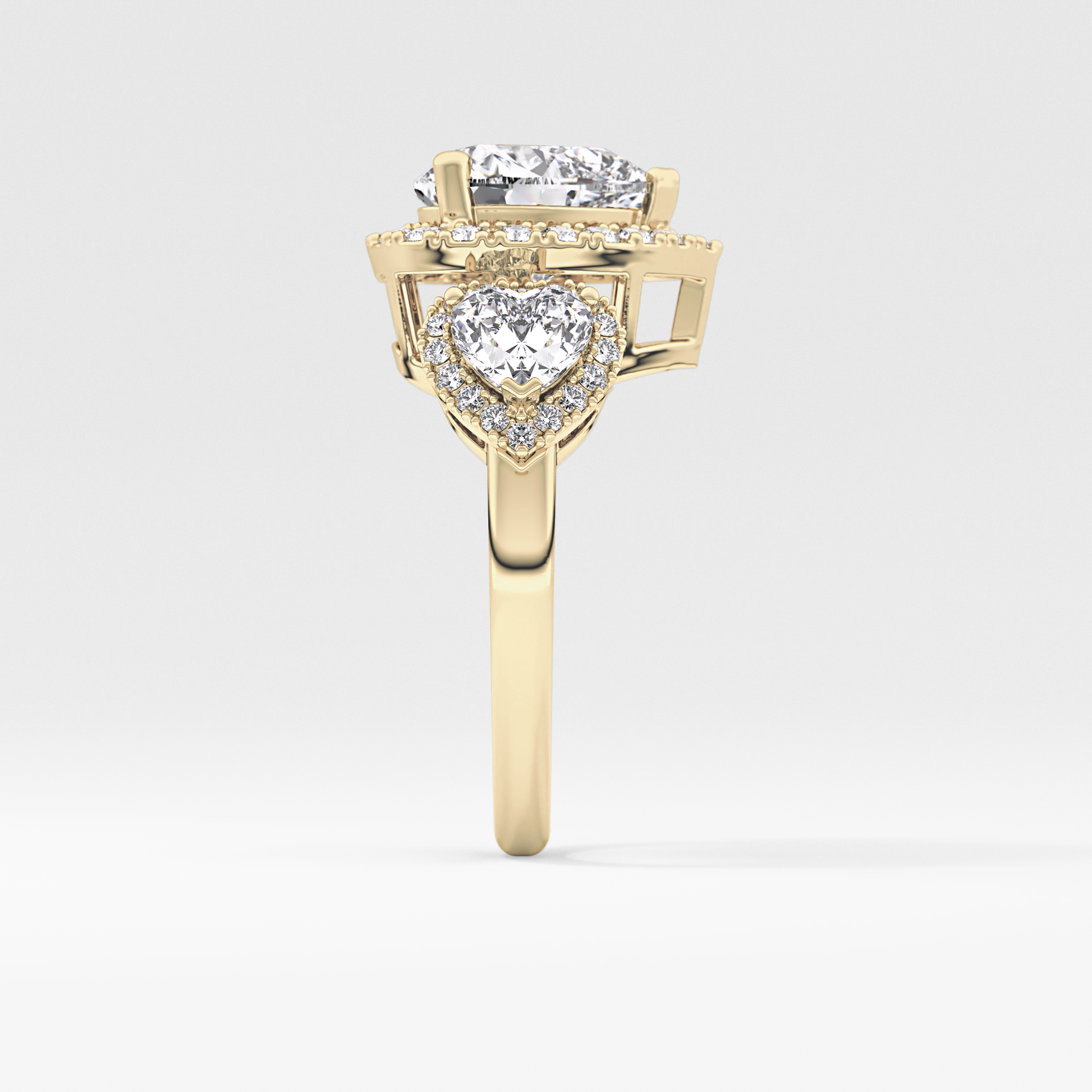 Heart Three Stone & Halo Lab Grown Diamond Engagement Ring
