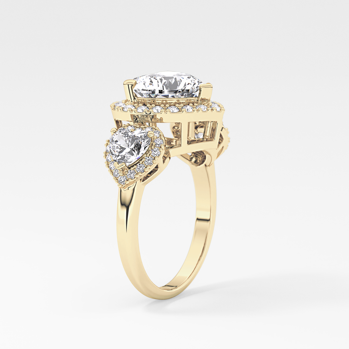 Heart Three Stone & Halo Lab Grown Diamond Engagement Ring