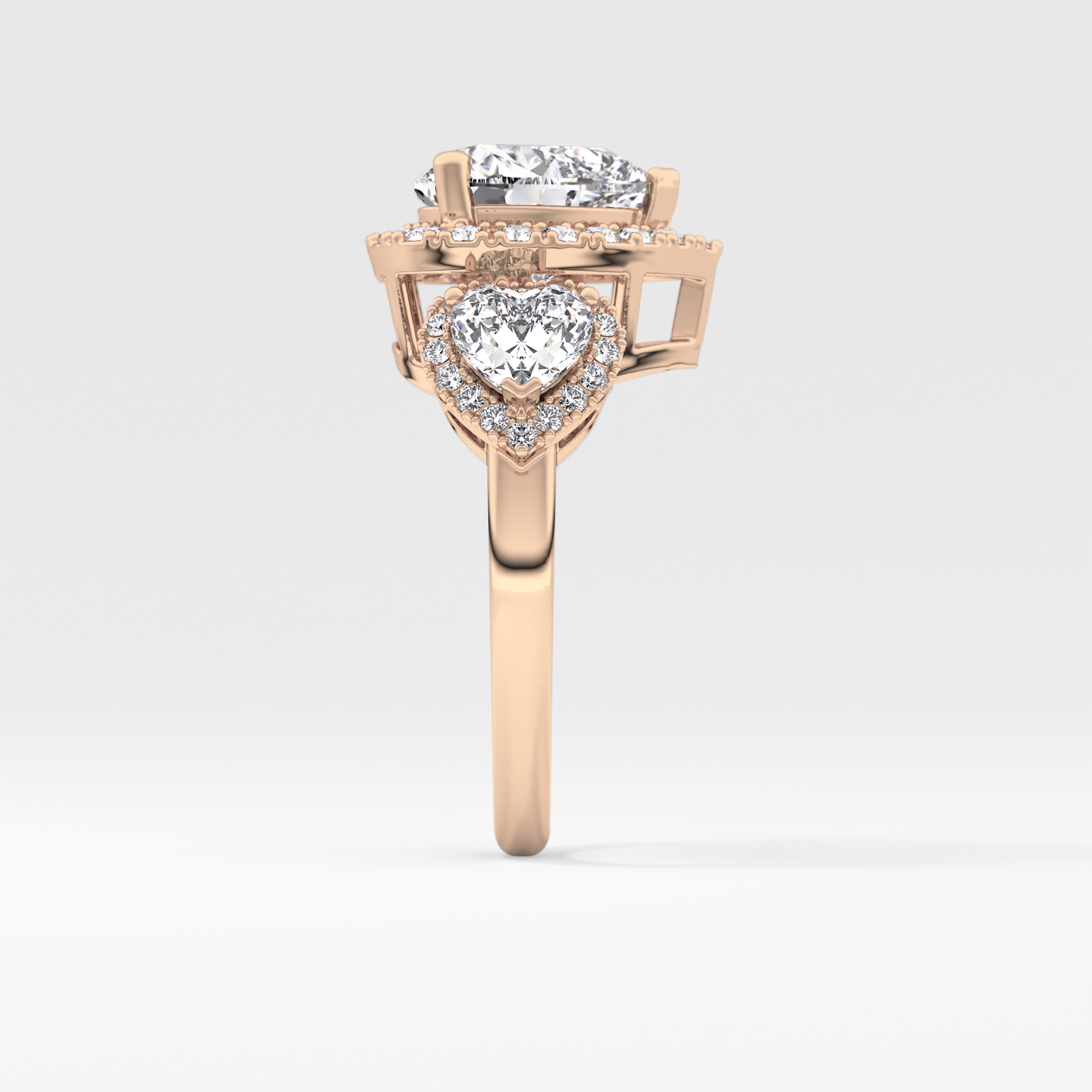 Heart Three Stone & Halo Lab Grown Diamond Engagement Ring