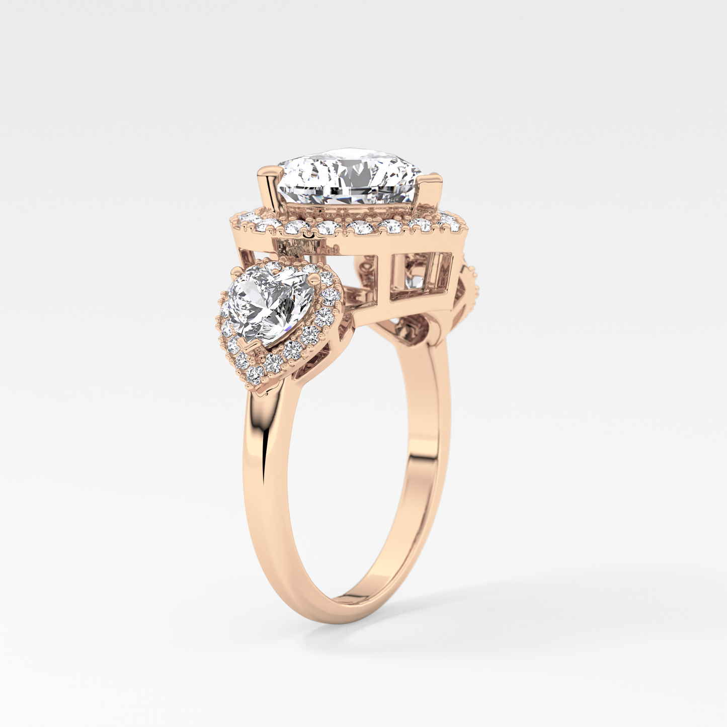 Heart Three Stone & Halo Lab Grown Diamond Engagement Ring
