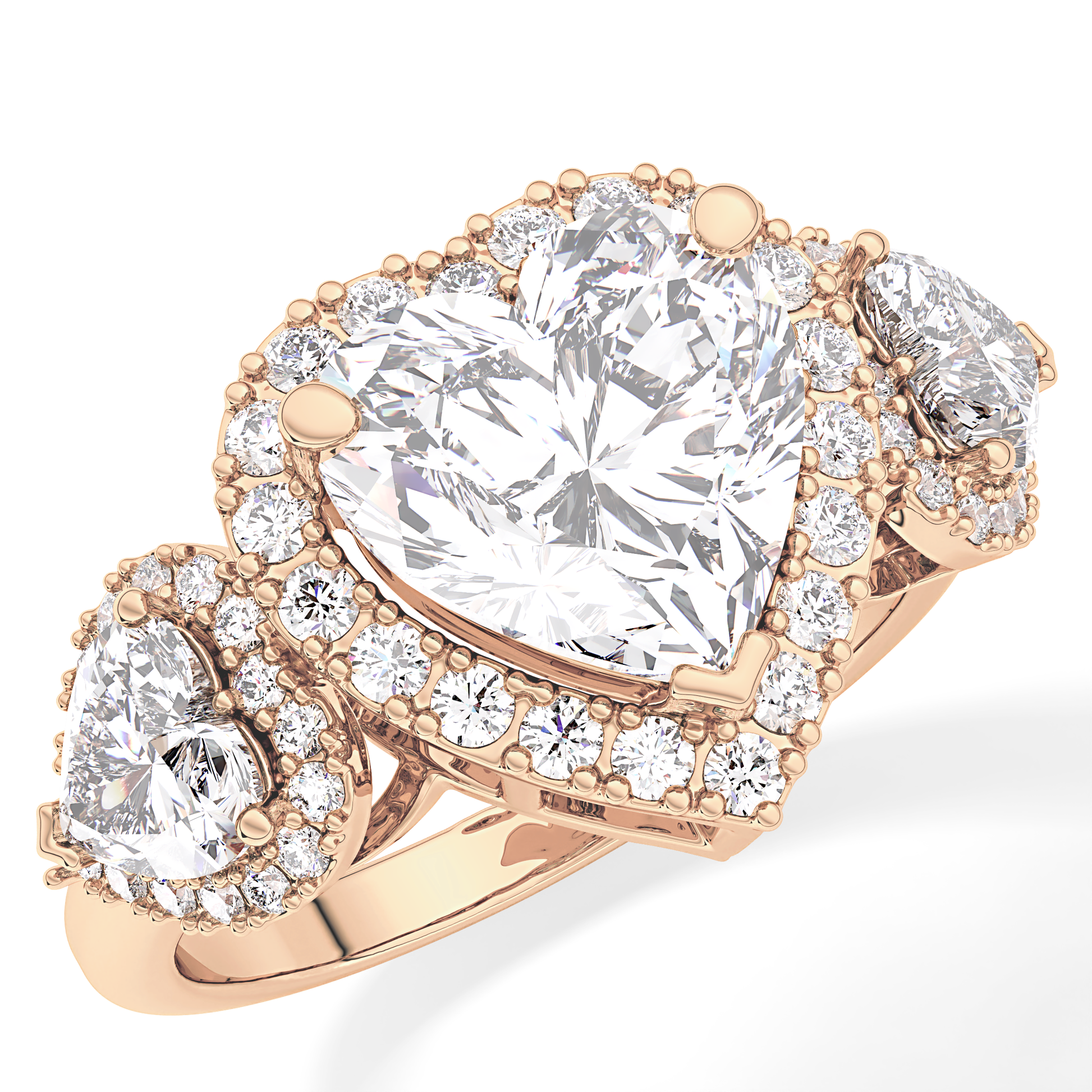 Heart Three Stone & Halo Lab Grown Diamond Engagement Ring