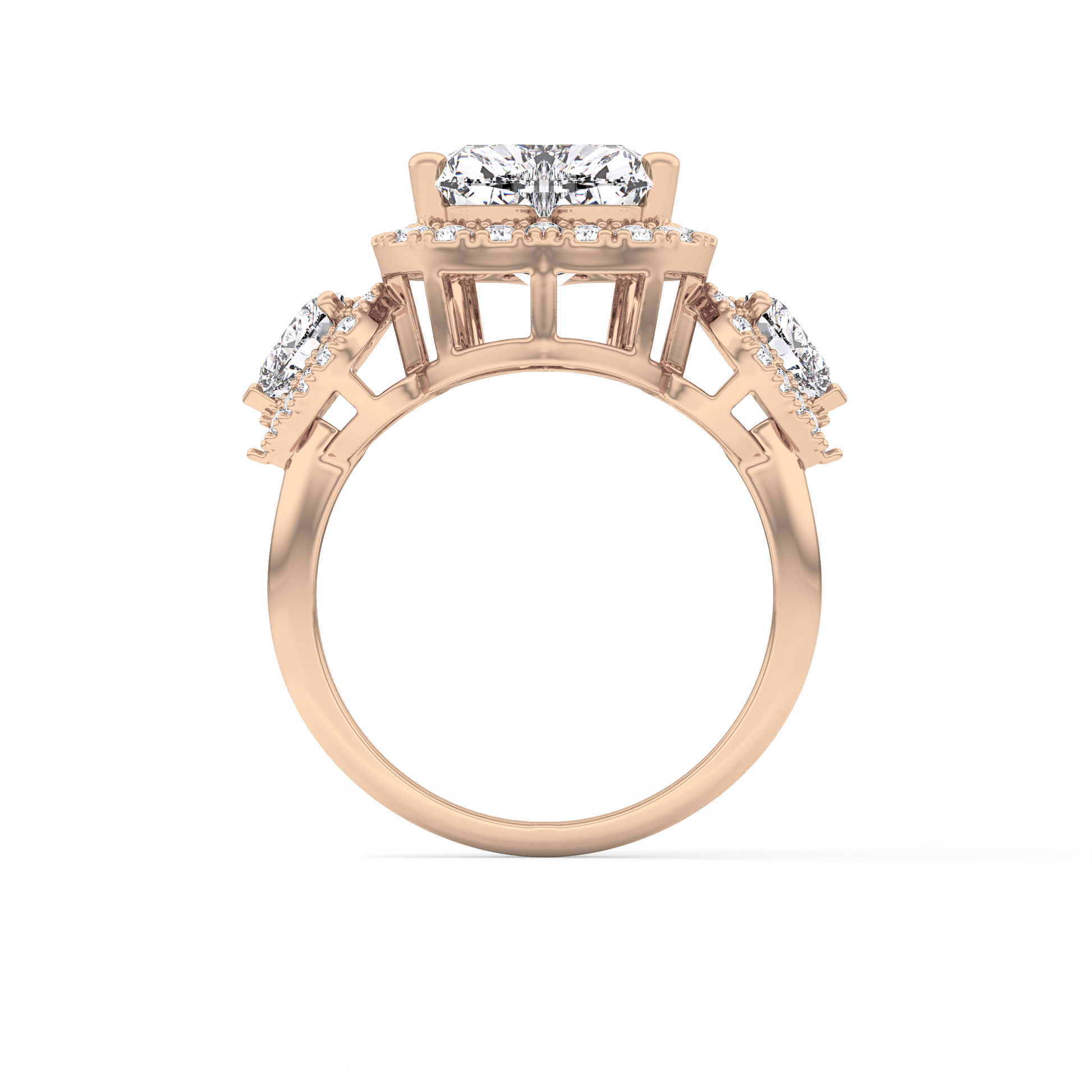 Heart Three Stone & Halo Lab Grown Diamond Engagement Ring