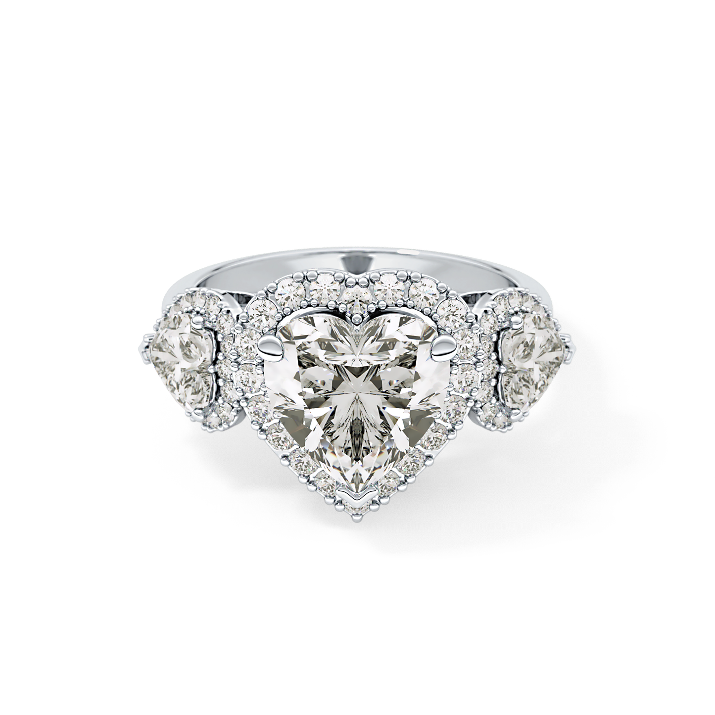 Heart Three Stone & Halo Lab Grown Diamond Engagement Ring
