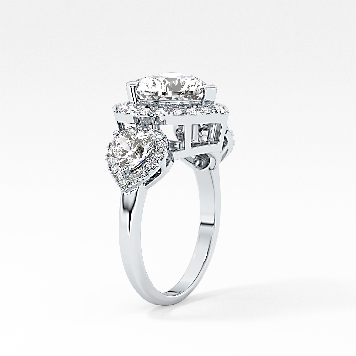 Heart Three Stone & Halo Lab Grown Diamond Engagement Ring