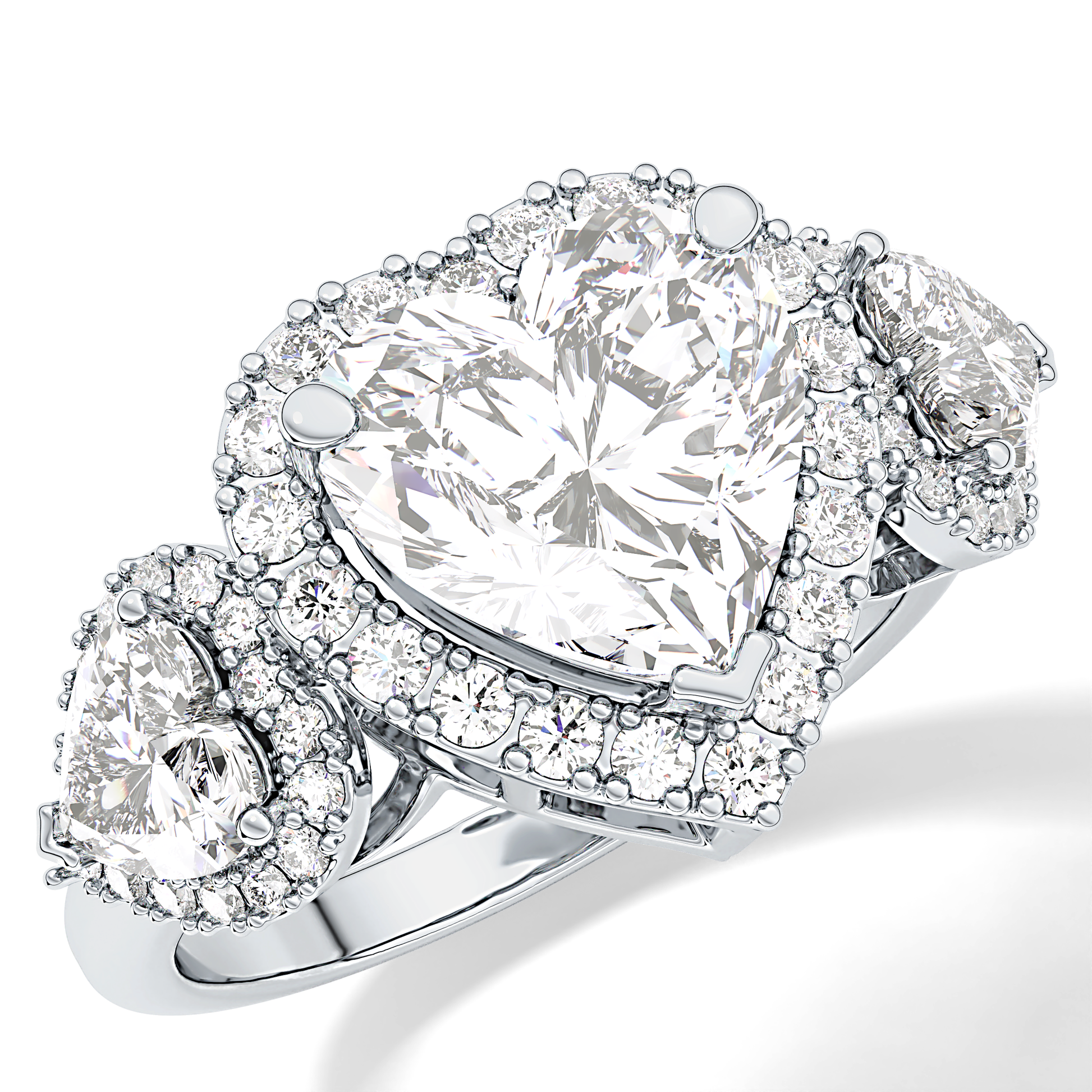 Heart Three Stone & Halo Lab Grown Diamond Engagement Ring