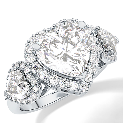Heart Three Stone & Halo Lab Grown Diamond Engagement Ring