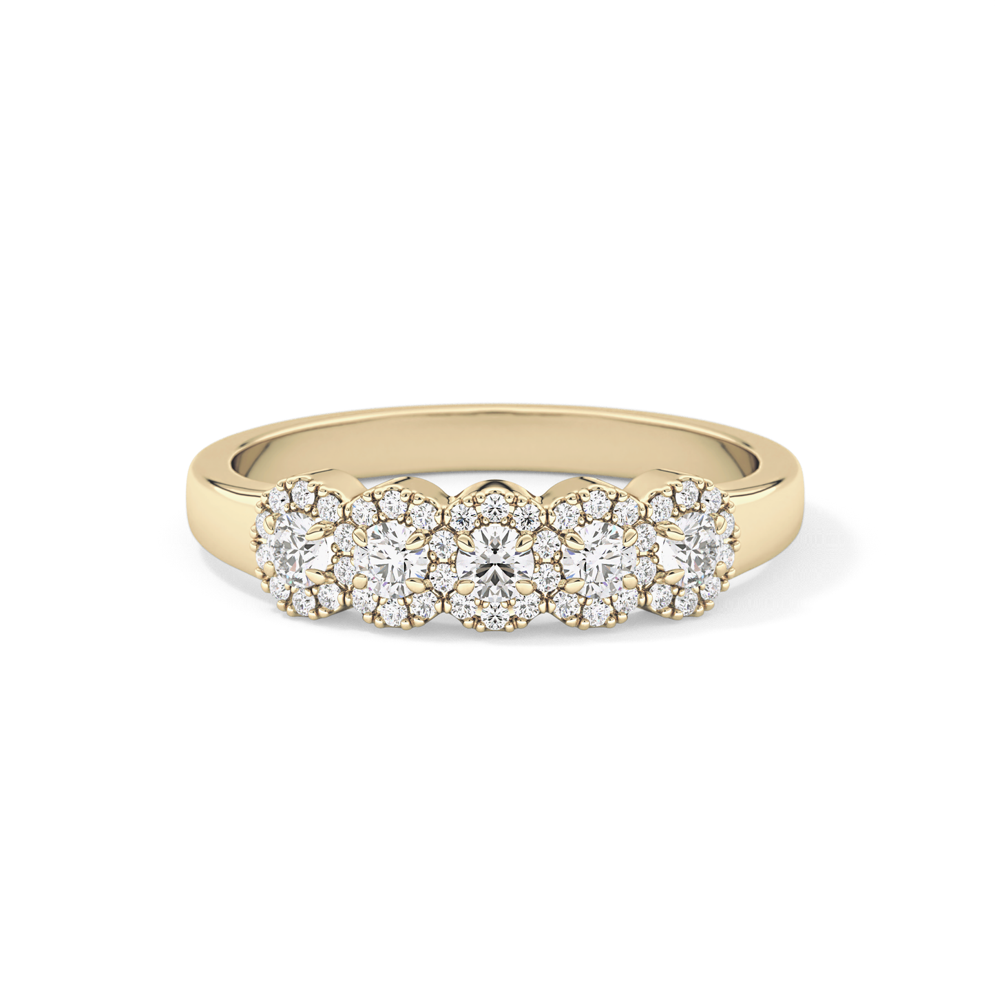 Five Stones and Halo Wedding Band with 0.53 TCW Round Cut Moissanite – Yellow, White, or Rose Gold