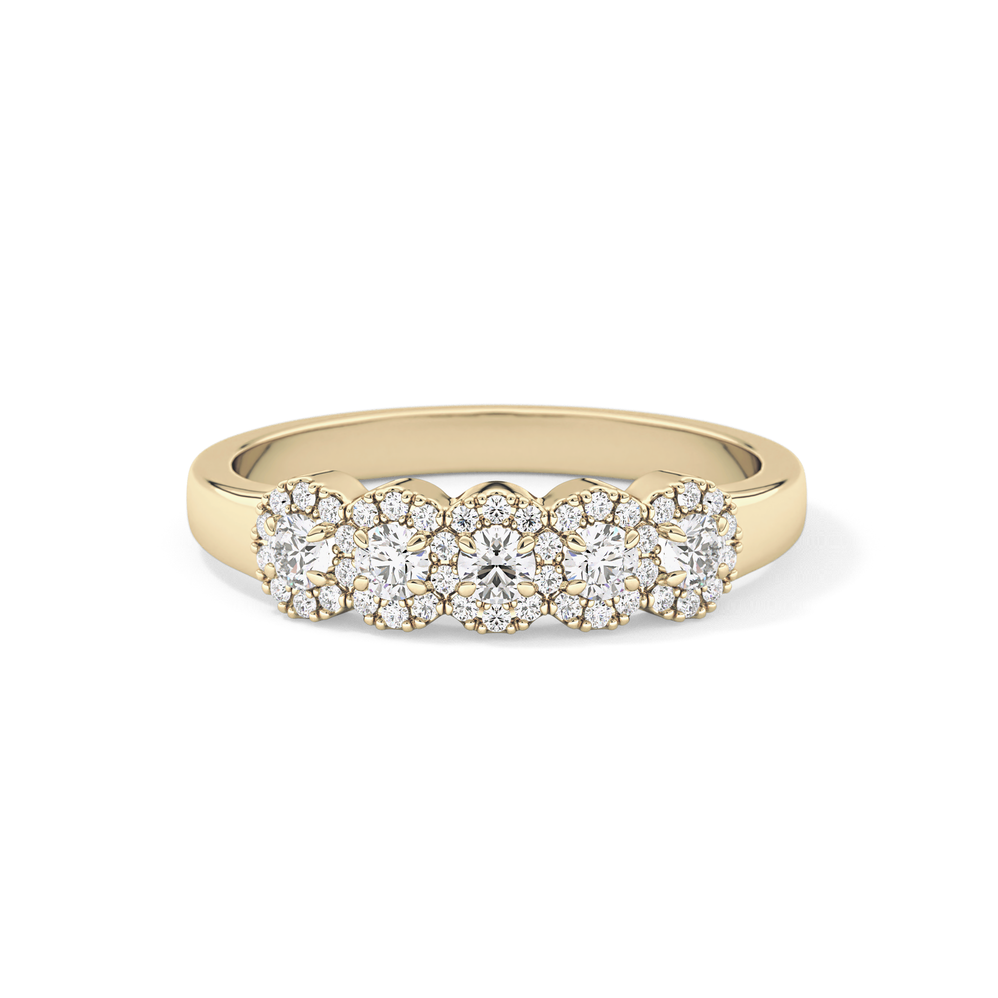 Five Stones and Halo Wedding Band with 0.53 TCW Round Cut Moissanite – Yellow, White, or Rose Gold