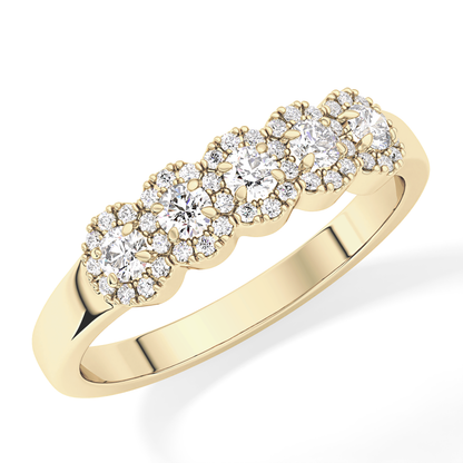 Five Stones and Halo Wedding Band with 0.53 TCW Round Cut Moissanite – Yellow, White, or Rose Gold