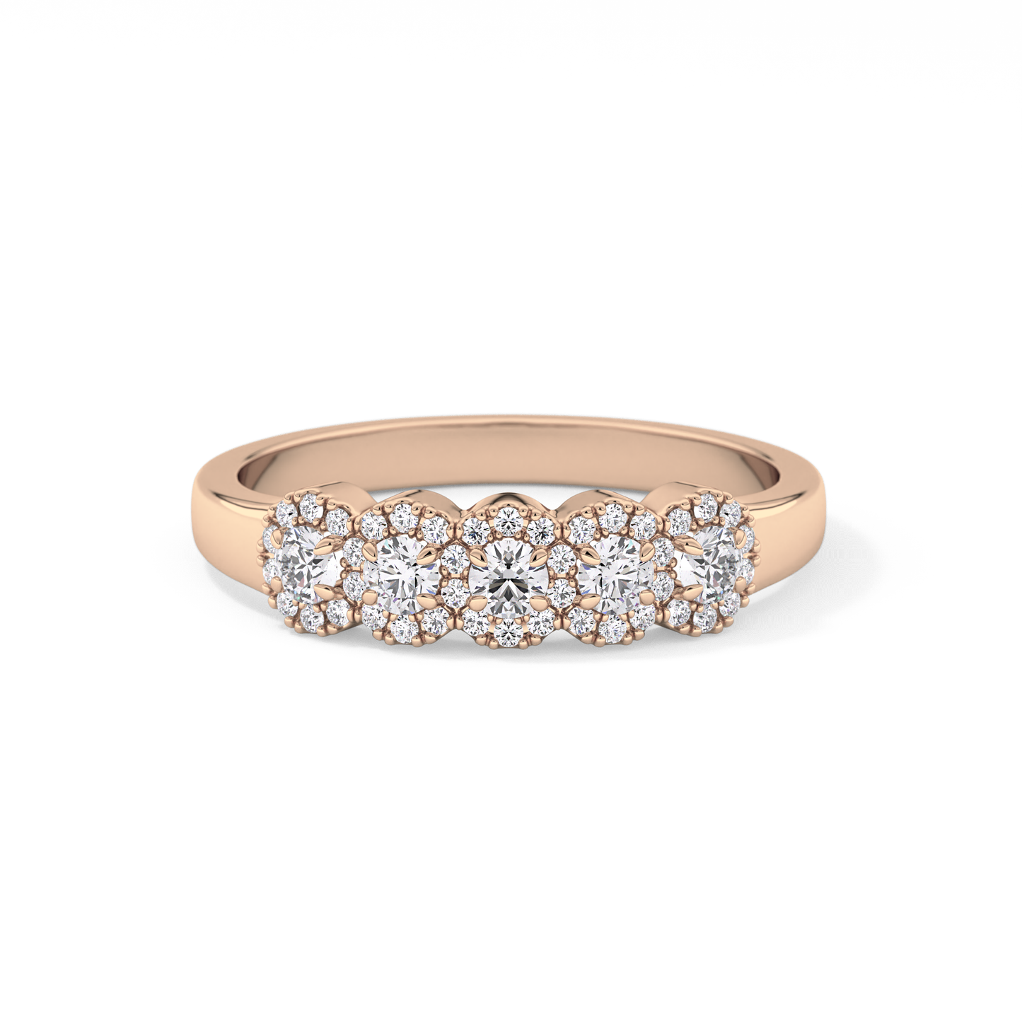 Five Stones and Halo Wedding Band with 0.53 TCW Round Cut Moissanite – Yellow, White, or Rose Gold