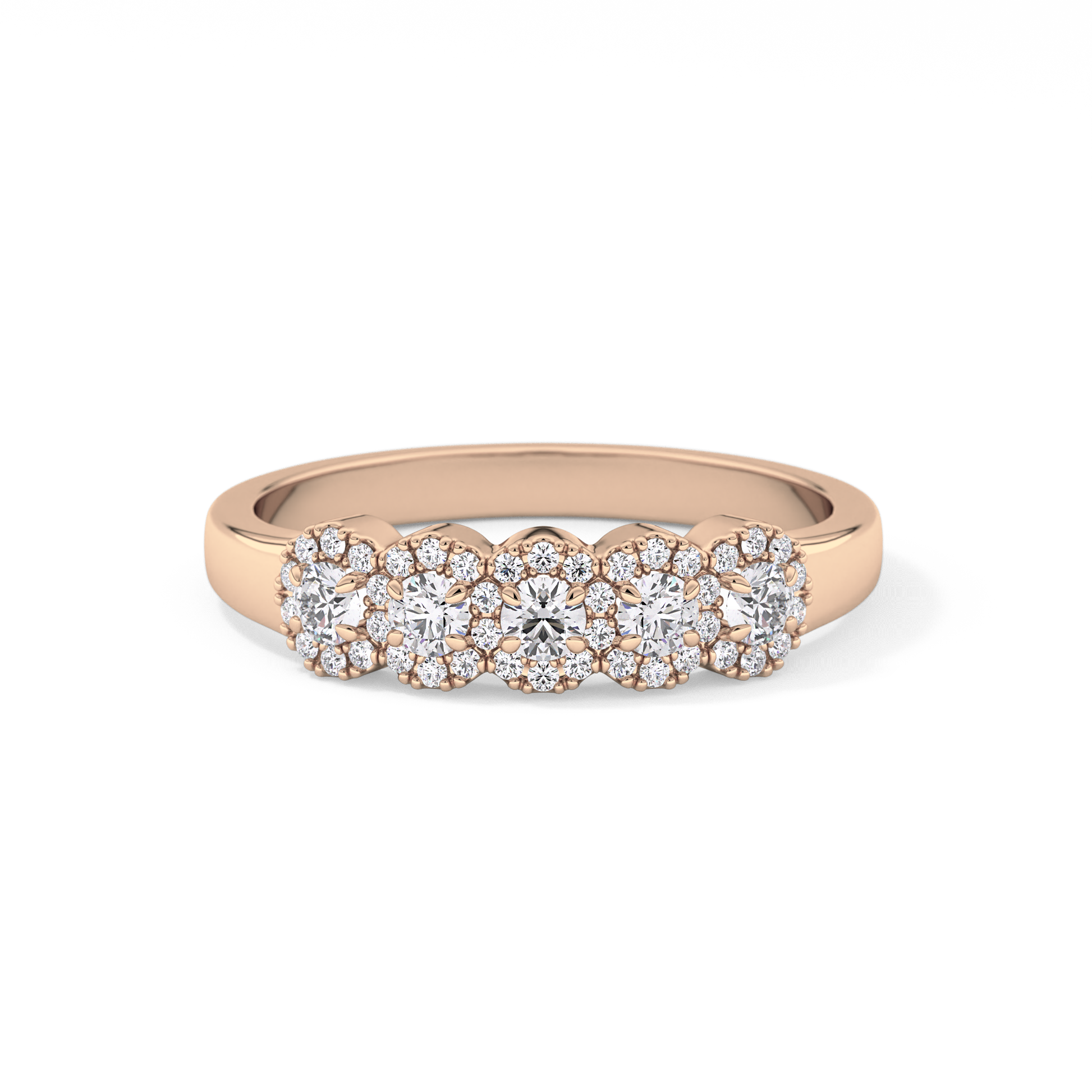 Five Stones and Halo Wedding Band with 0.53 TCW Round Cut Moissanite – Yellow, White, or Rose Gold