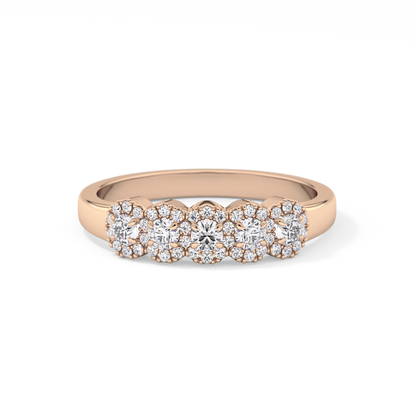 Five Stones and Halo Wedding Band with 0.53 TCW Round Cut Moissanite – Yellow, White, or Rose Gold