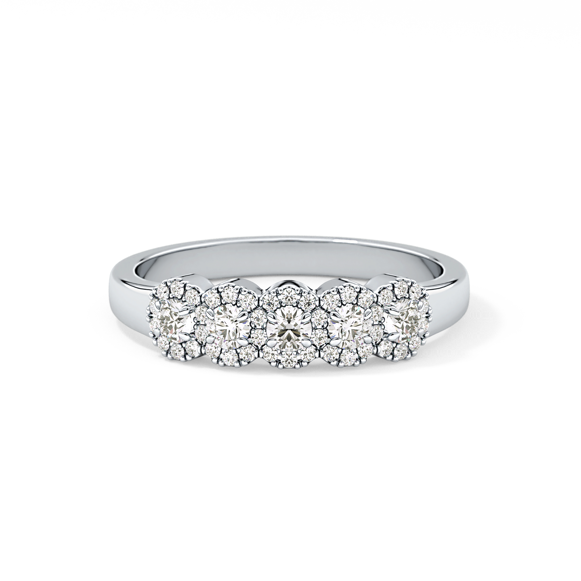 Five Stones and Halo Wedding Band with 0.53 TCW Round Cut Moissanite – Yellow, White, or Rose Gold