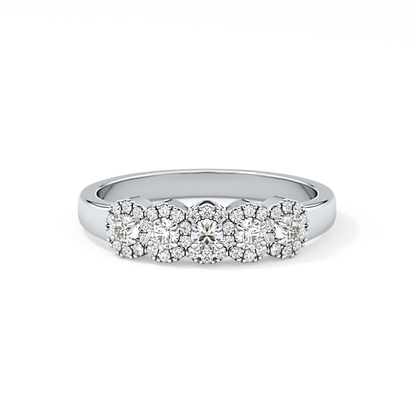 Five Stones and Halo Wedding Band with 0.53 TCW Round Cut Moissanite – Yellow, White, or Rose Gold