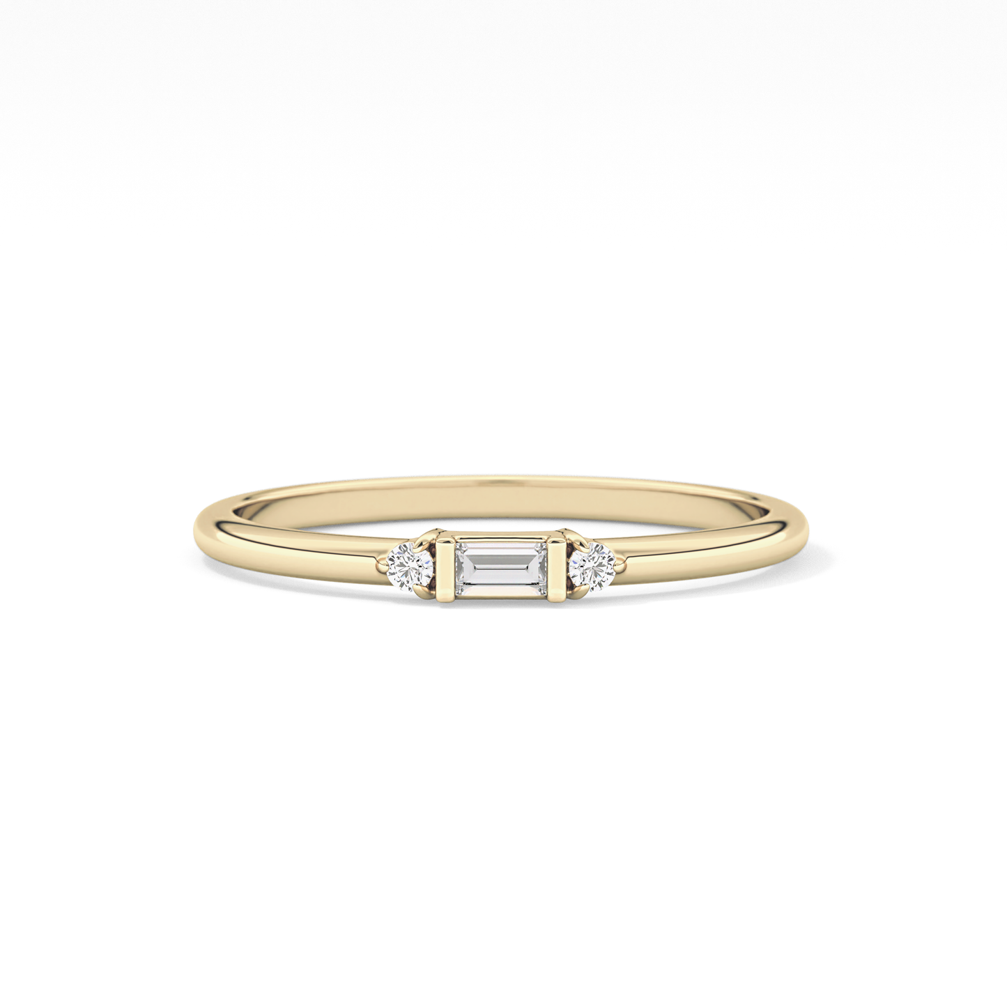 Three Stones Wedding Band with 0.097 TCW Round & Baguette Cut Moissanite – Yellow, White, or Rose Gold