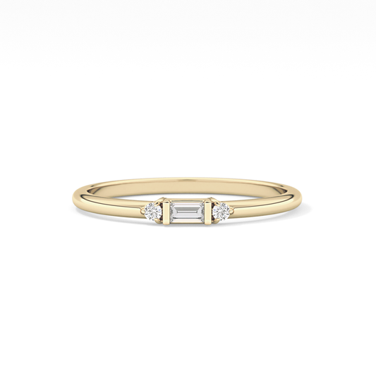 Three Stones Wedding Band with 0.097 TCW Round & Baguette Cut Moissanite – Yellow, White, or Rose Gold