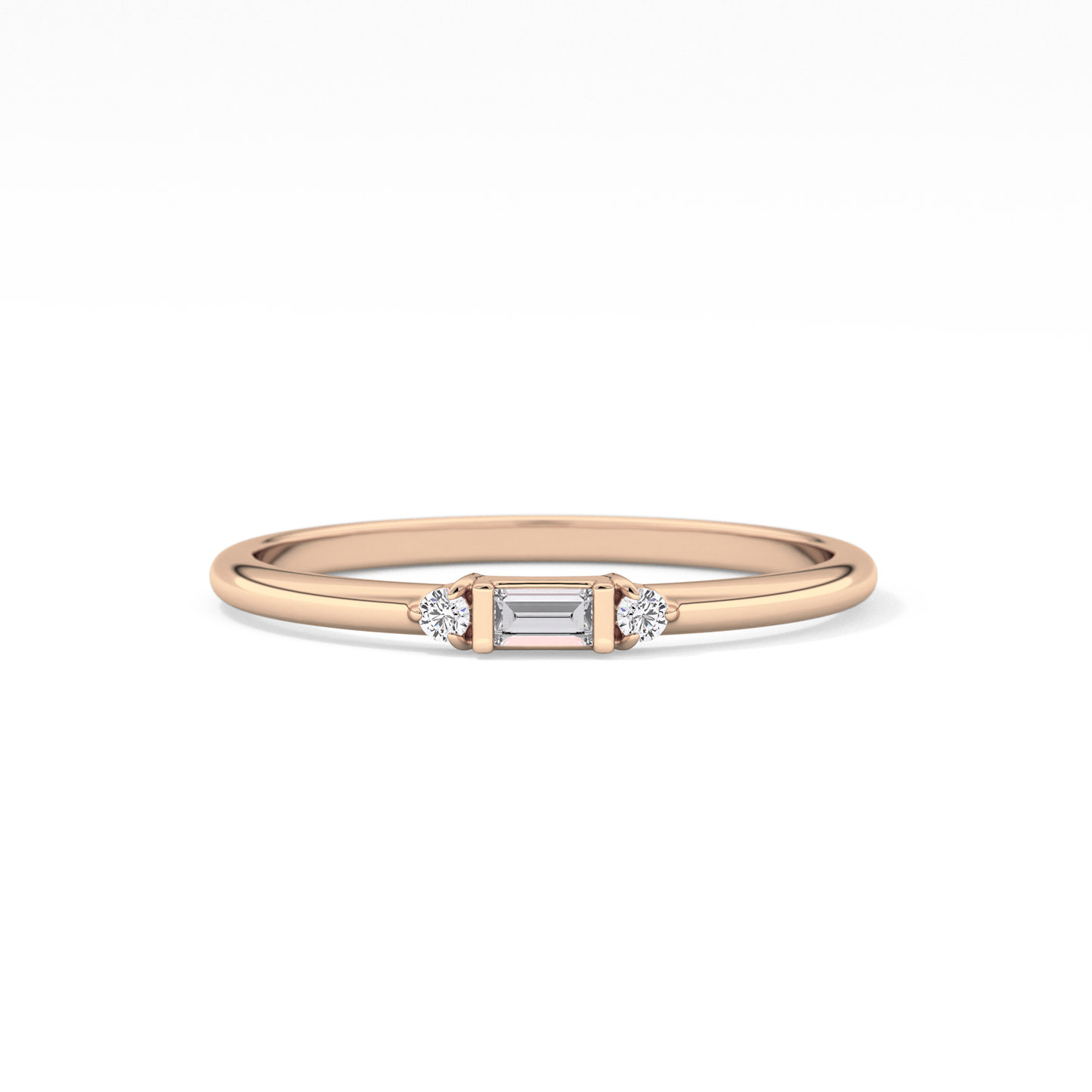 Three Stones Wedding Band with 0.097 TCW Round & Baguette Cut Moissanite – Yellow, White, or Rose Gold