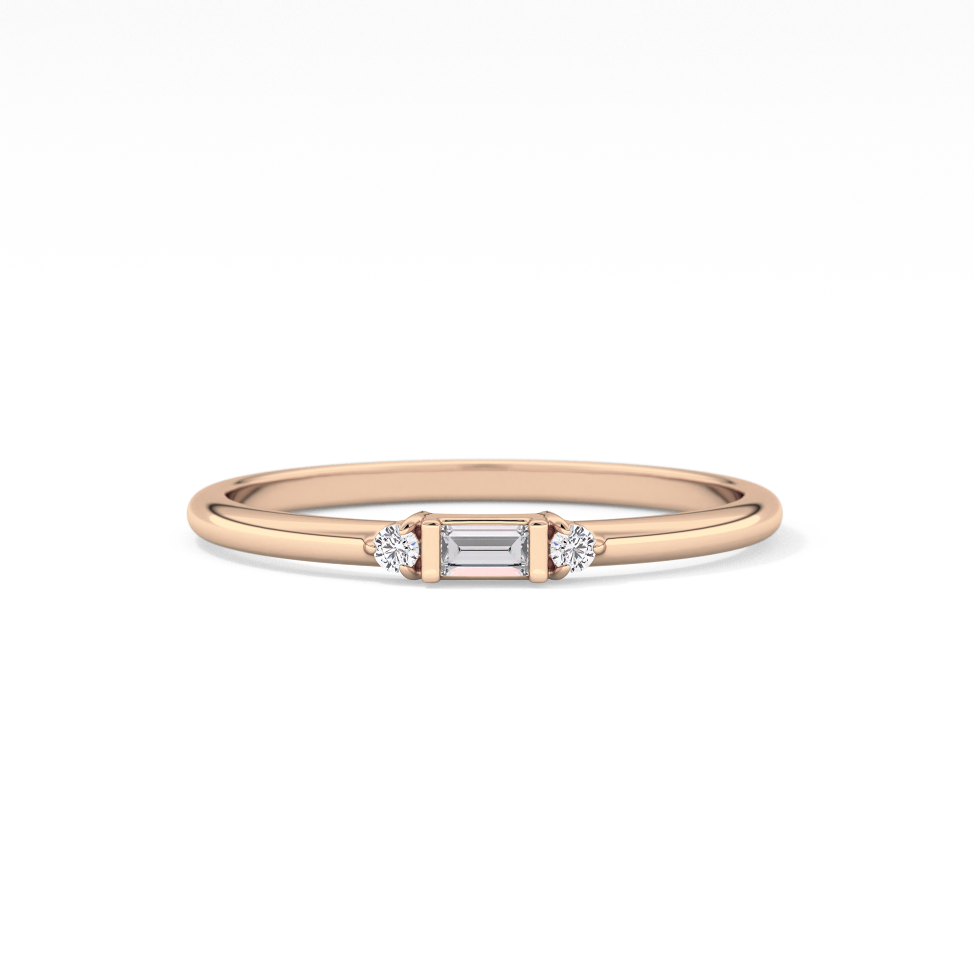 Three Stones Wedding Band with 0.097 TCW Round & Baguette Cut Moissanite – Yellow, White, or Rose Gold