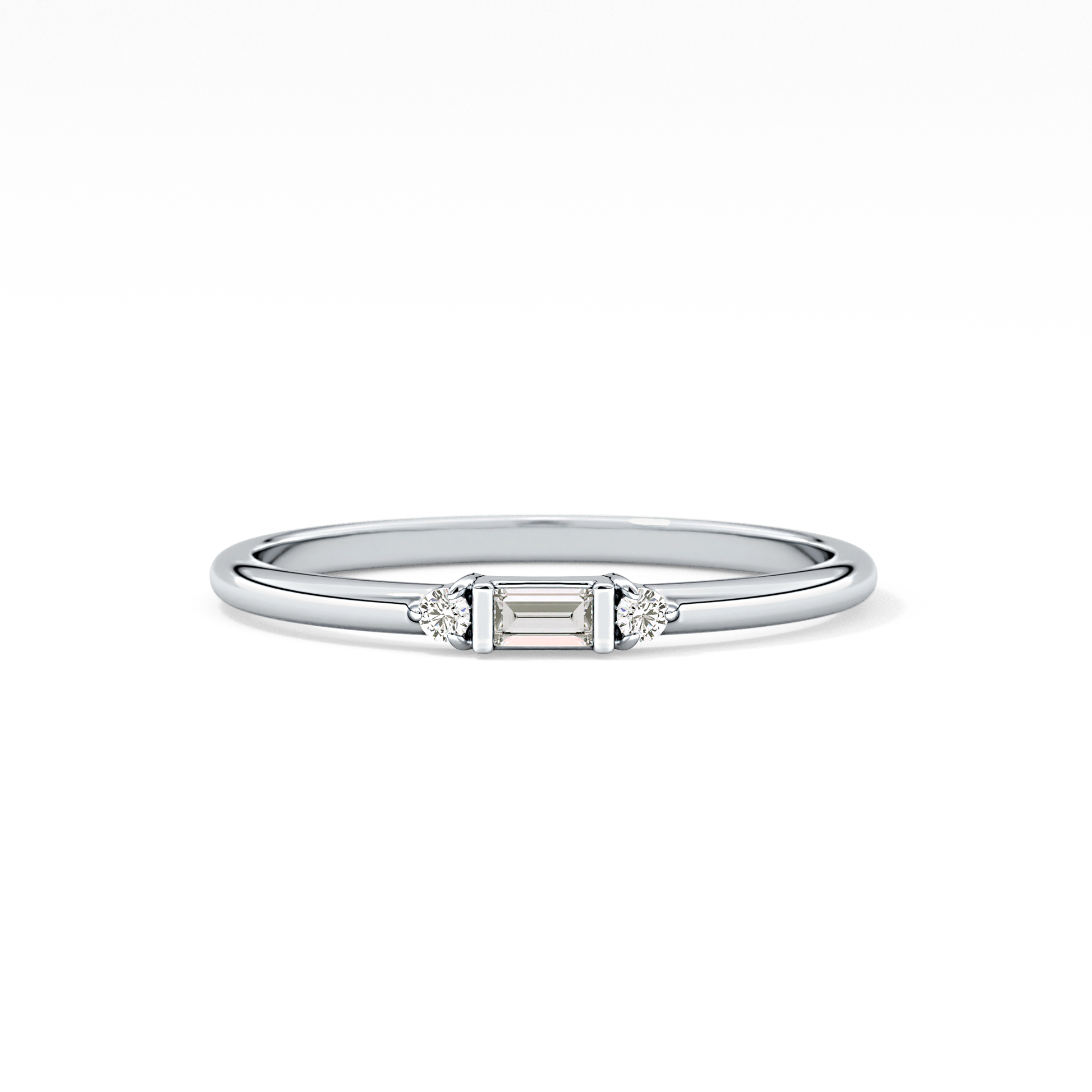 Three Stones Wedding Band with 0.097 TCW Round & Baguette Cut Moissanite – Yellow, White, or Rose Gold