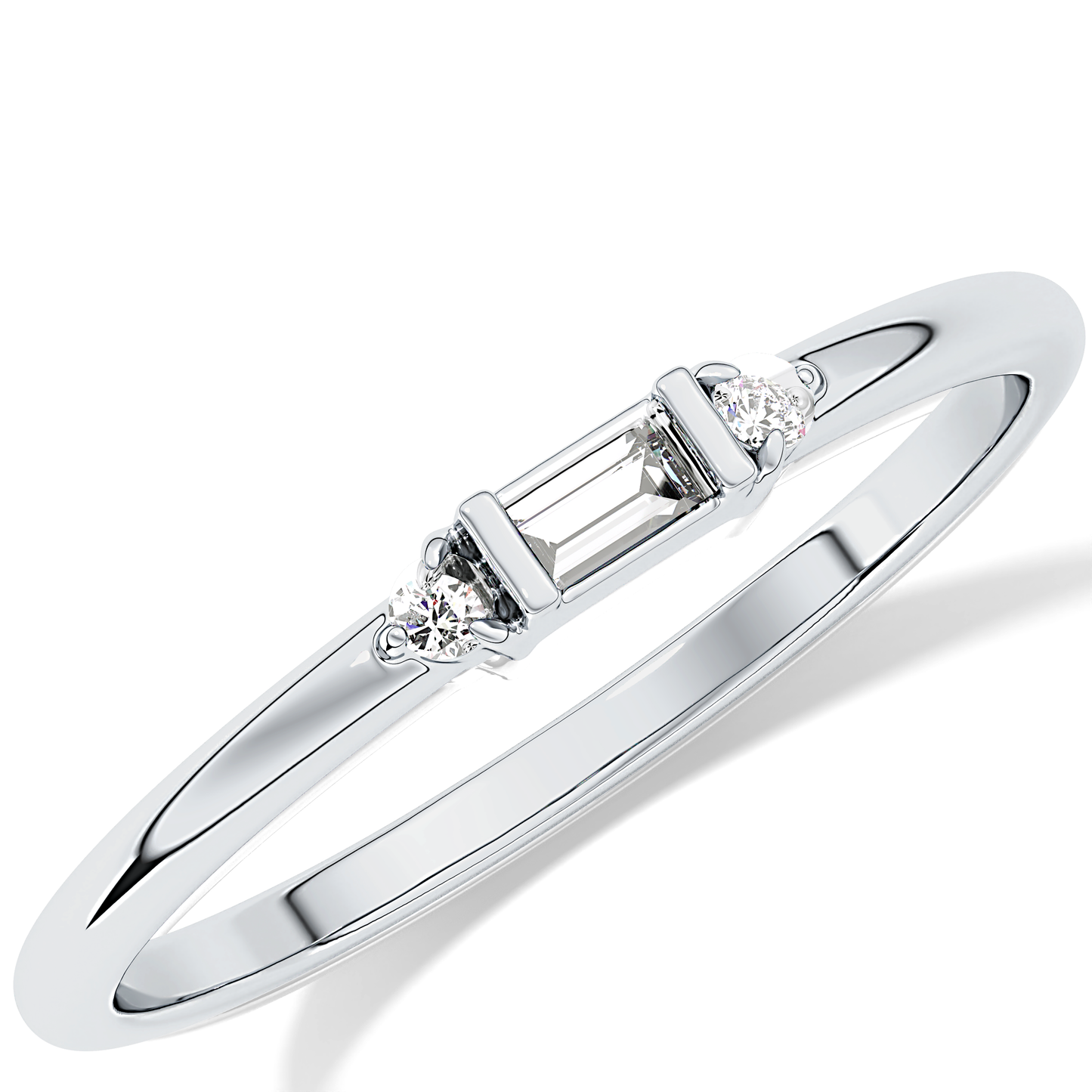 Three Stones Wedding Band with 0.097 TCW Round & Baguette Cut Moissanite – Yellow, White, or Rose Gold