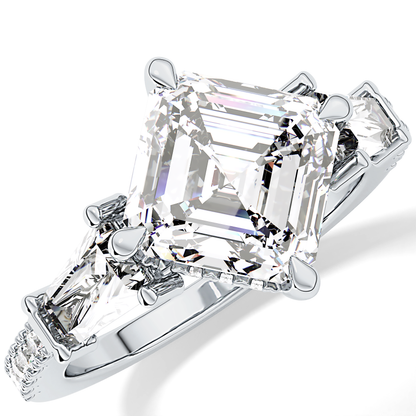 East West Asscher Cluster Lab Grown Diamond Engagement Ring