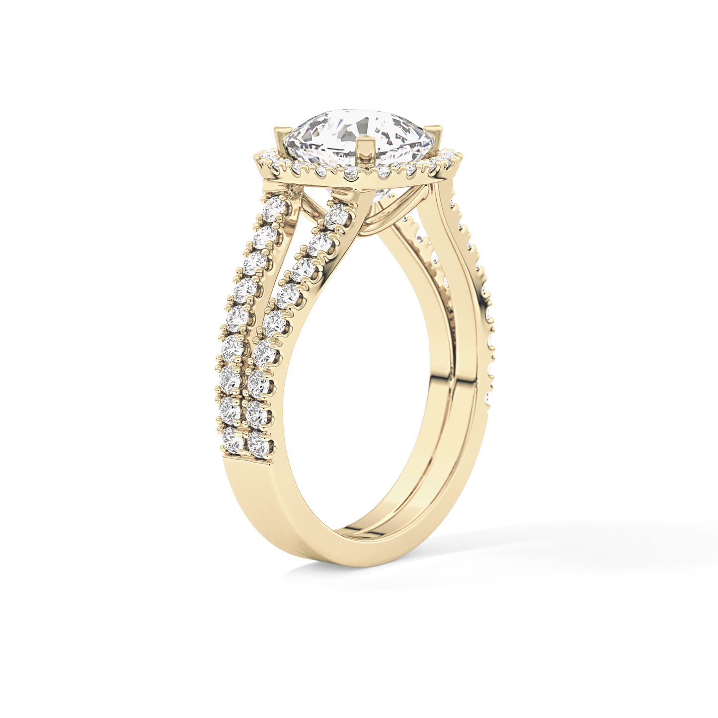 Cushion Pave Split Shank & Halo Lab Grown Diamond Engagement Ring