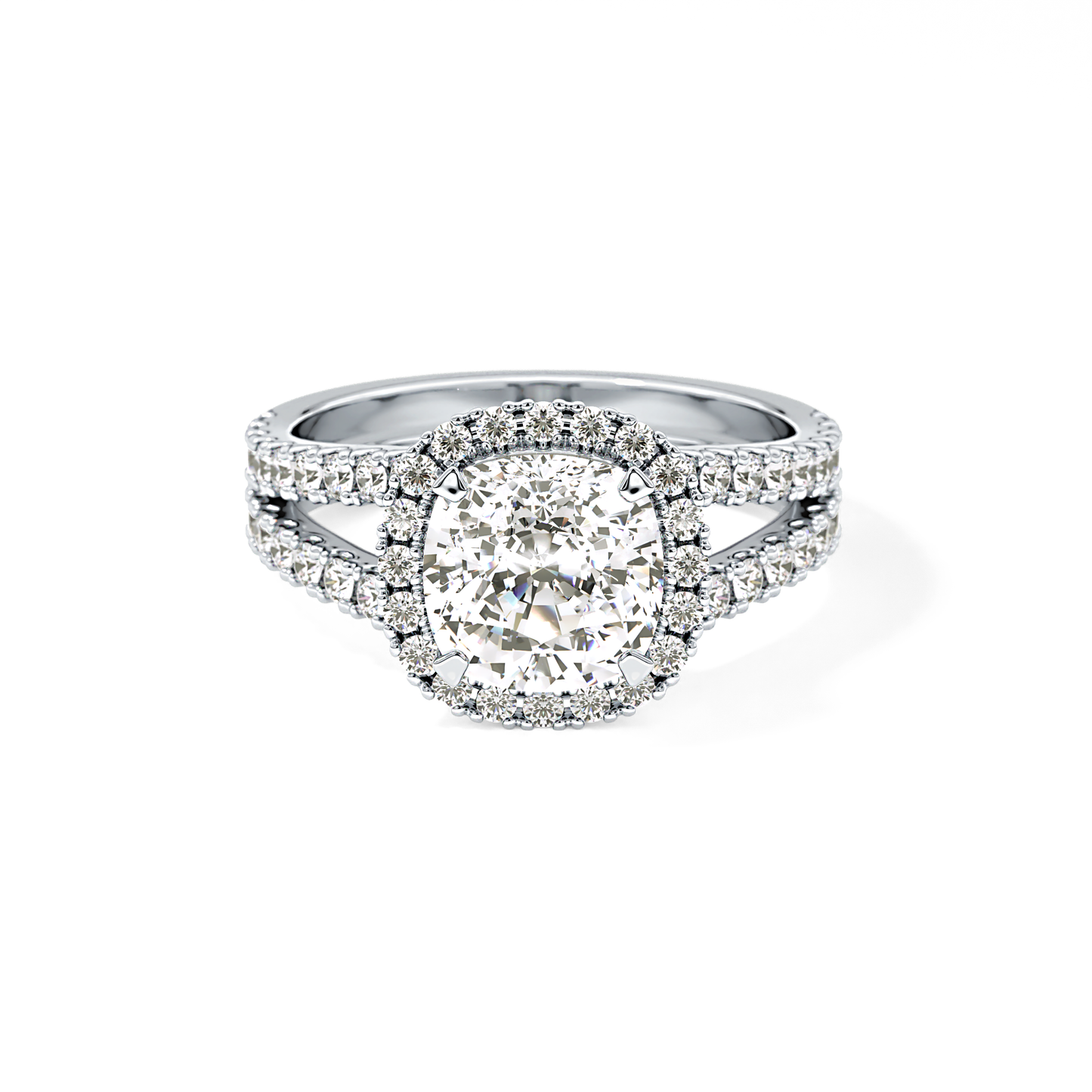 Cushion Pave Split Shank & Halo Lab Grown Diamond Engagement Ring