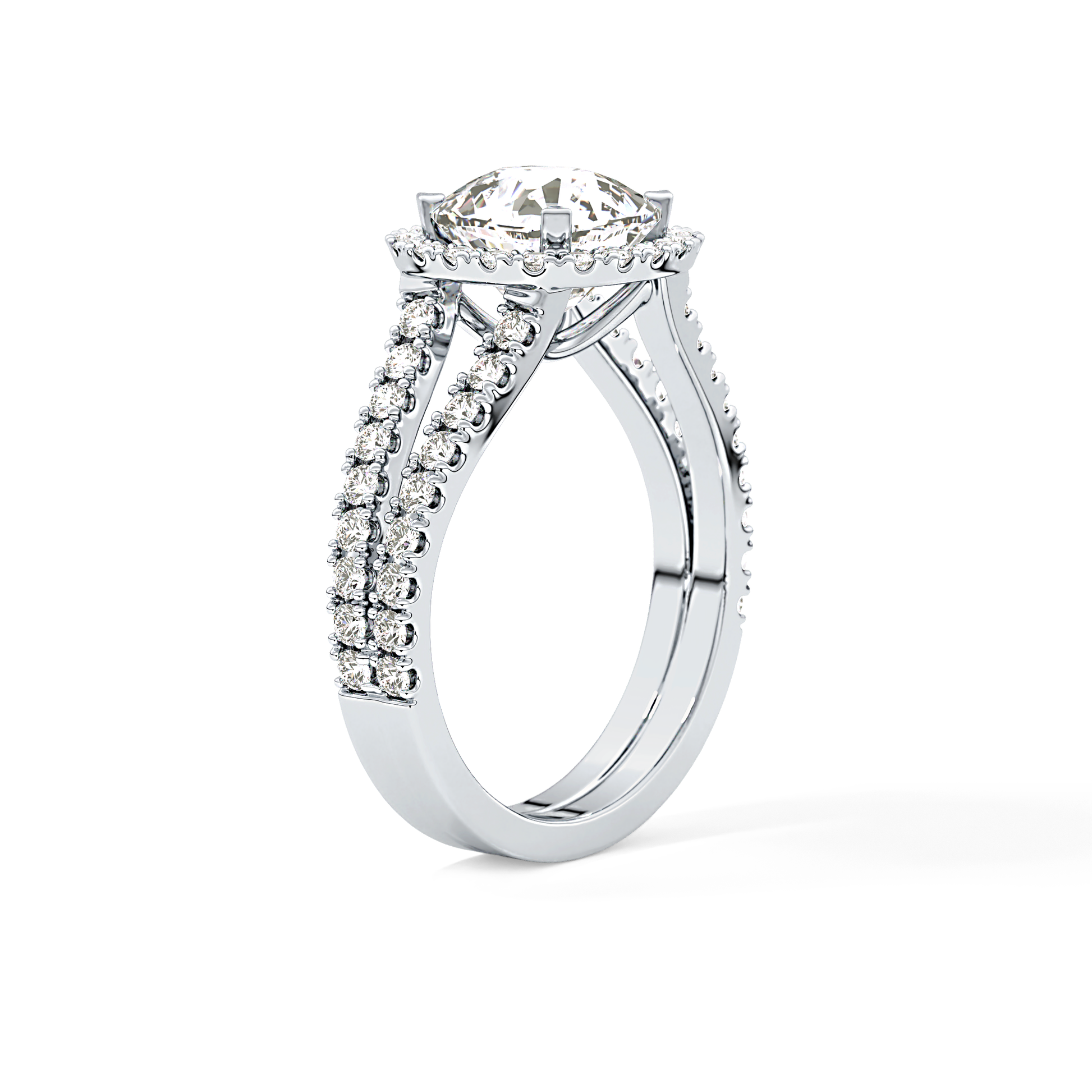 Cushion Pave Split Shank & Halo Lab Grown Diamond Engagement Ring