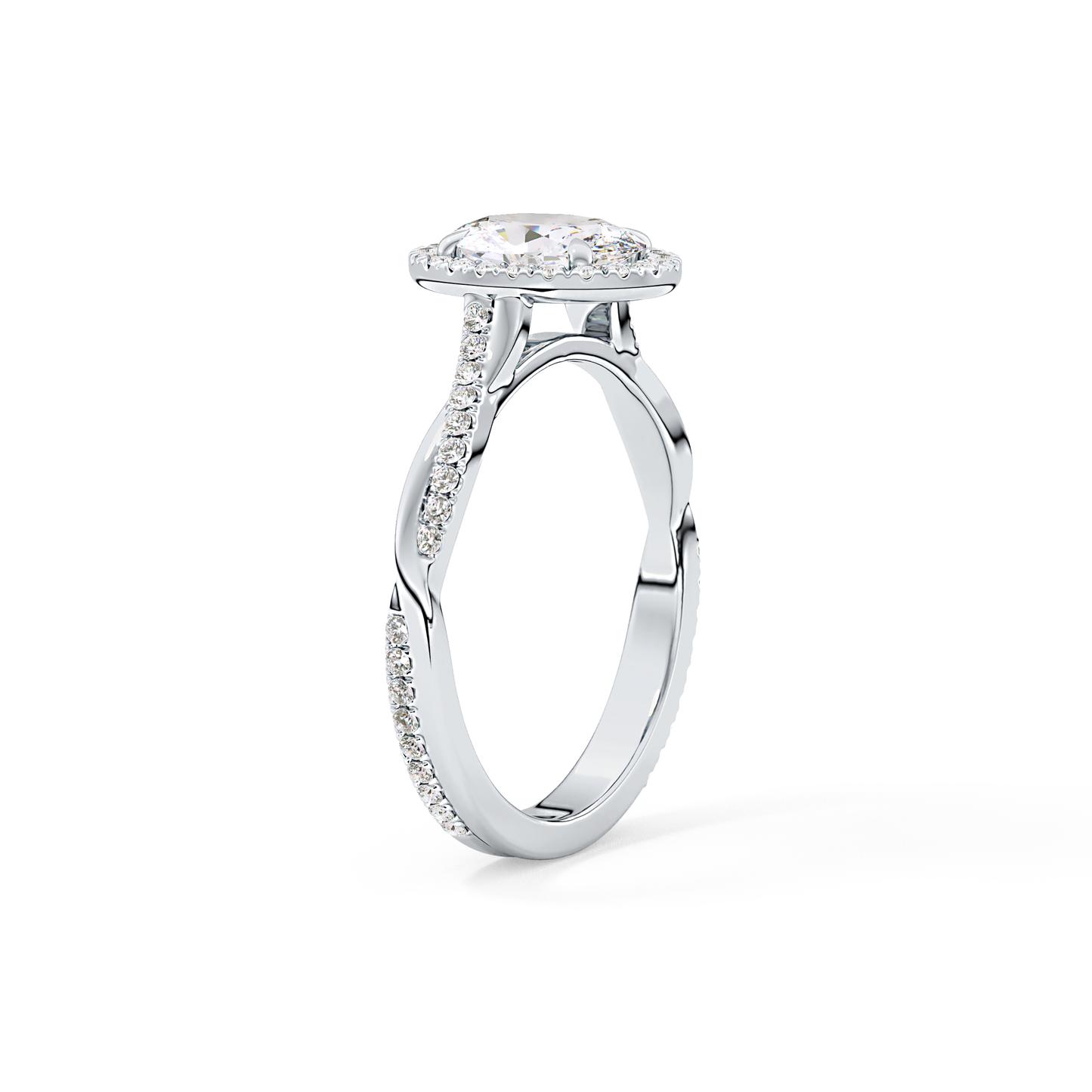 Oval Twisted Shank, Halo and Pave Lab Grown Diamond Engagement Ring
