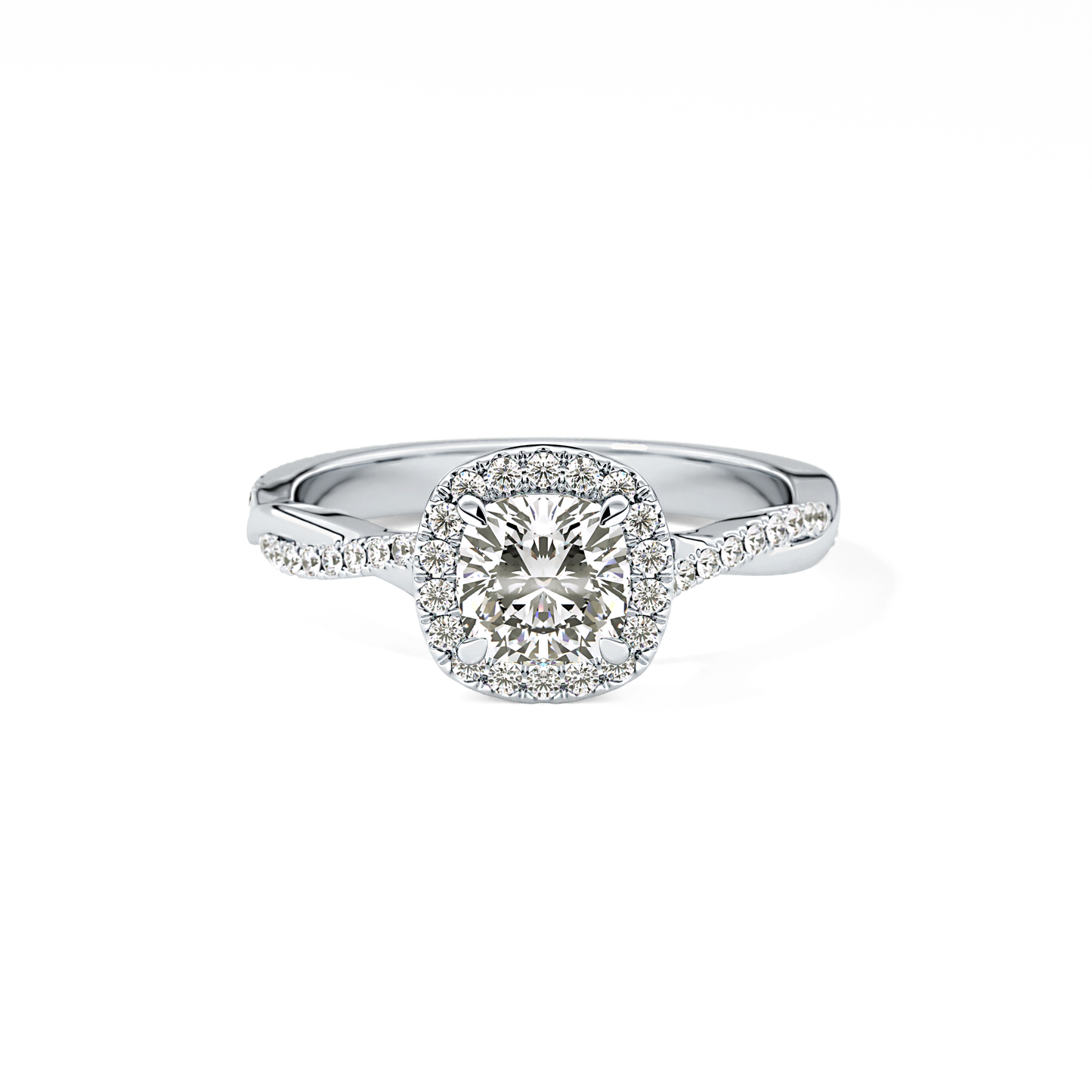 Cushion Twisted Shank, Halo and Pave Lab Grown Diamond Engagement Ring
