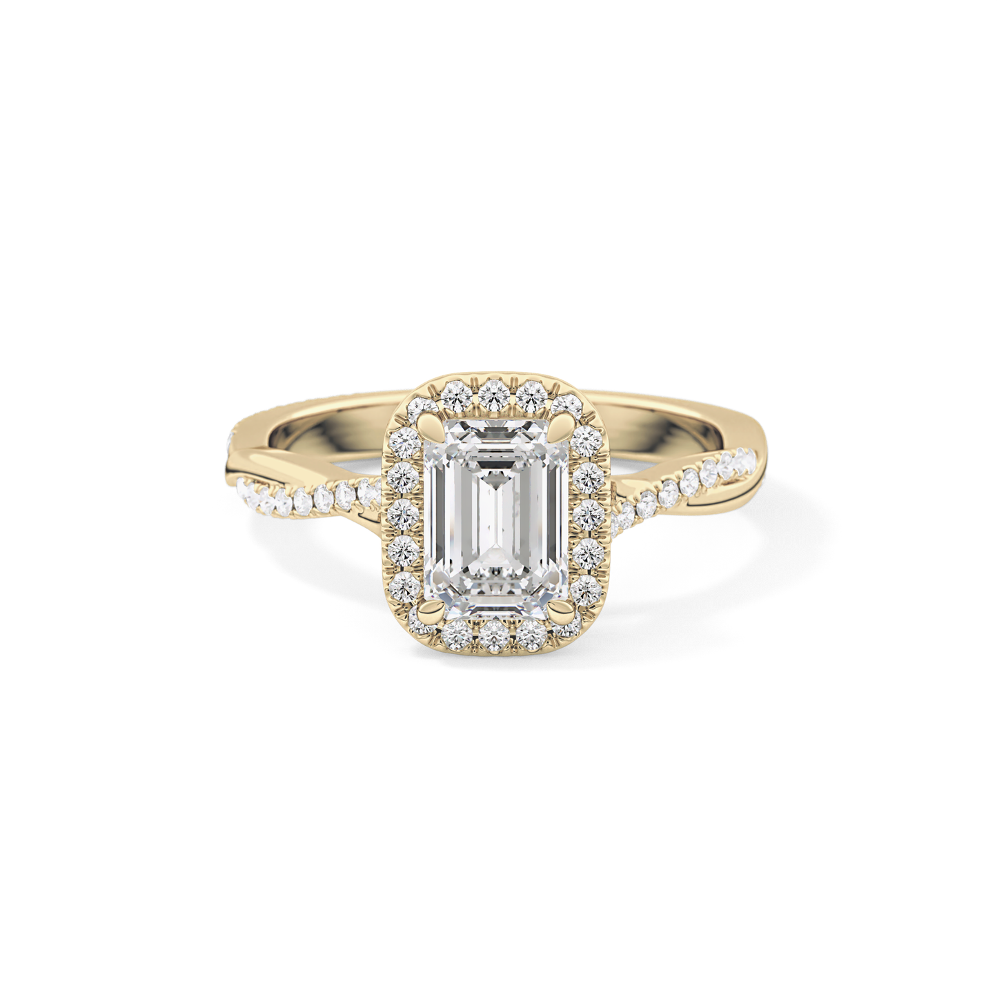 Emerald Twisted Shank, Halo and Pave Lab Grown Diamond Engagement Ring
