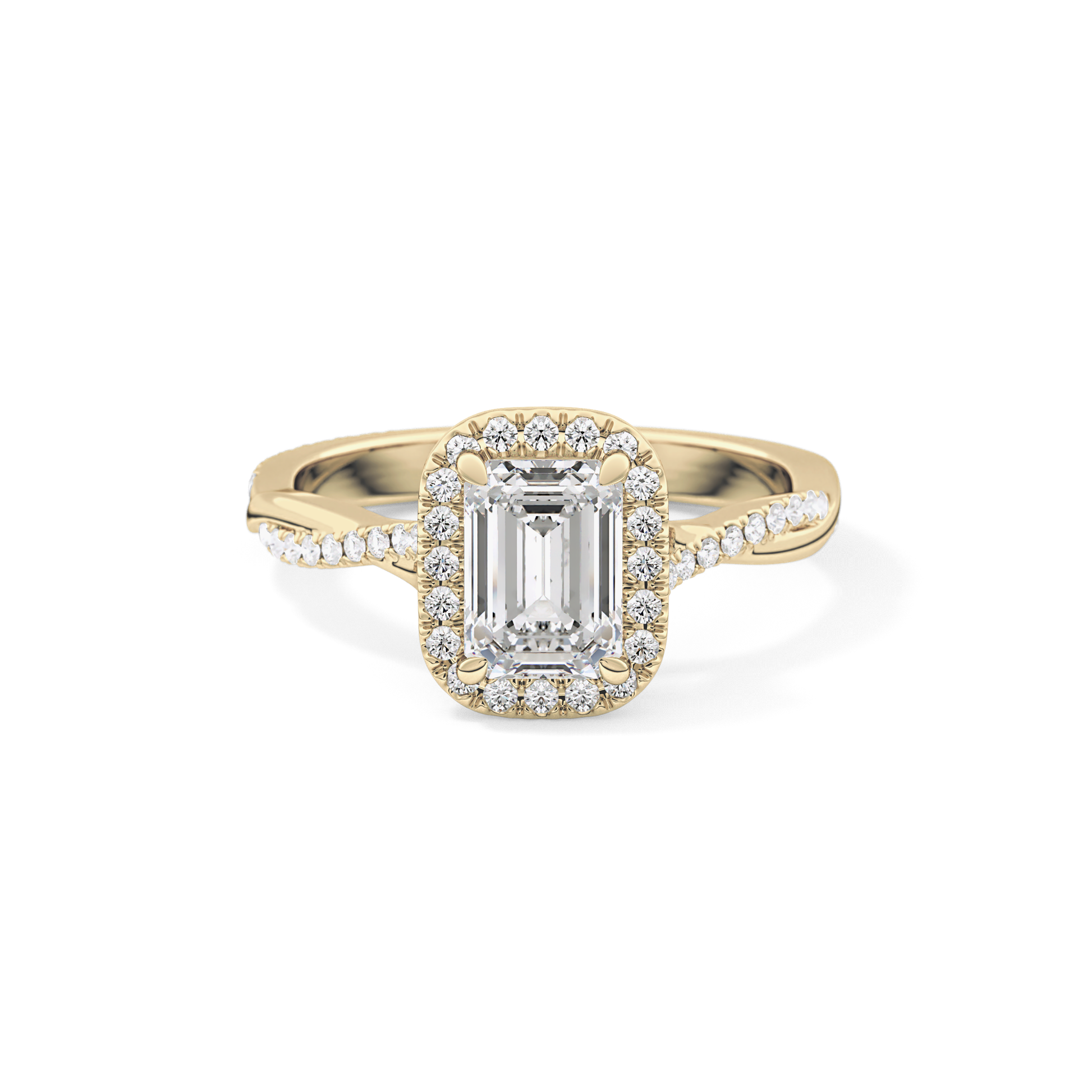 Emerald Twisted Shank, Halo and Pave Lab Grown Diamond Engagement Ring