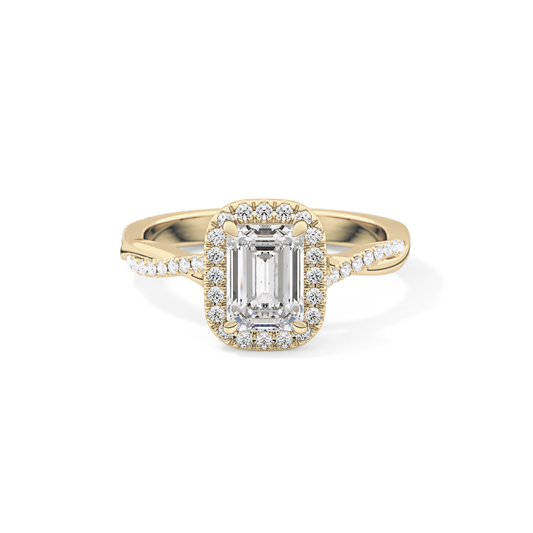 Emerald Twisted Shank, Halo and Pave Lab Grown Diamond Engagement Ring