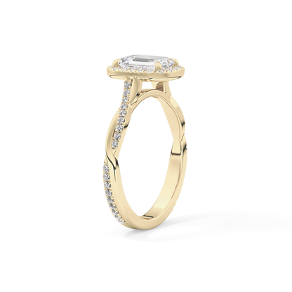 Emerald Twisted Shank, Halo and Pave Lab Grown Diamond Engagement Ring